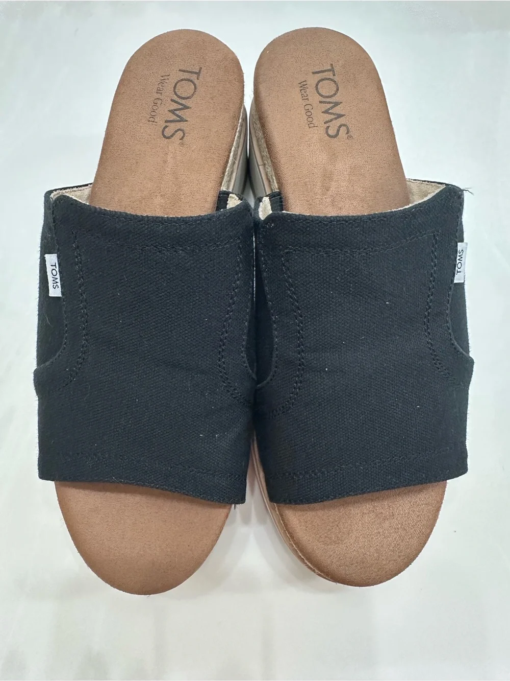 TOMS Wedge Sandals Black Canvas Slide Mules Platform Wedges Brown Cream 8